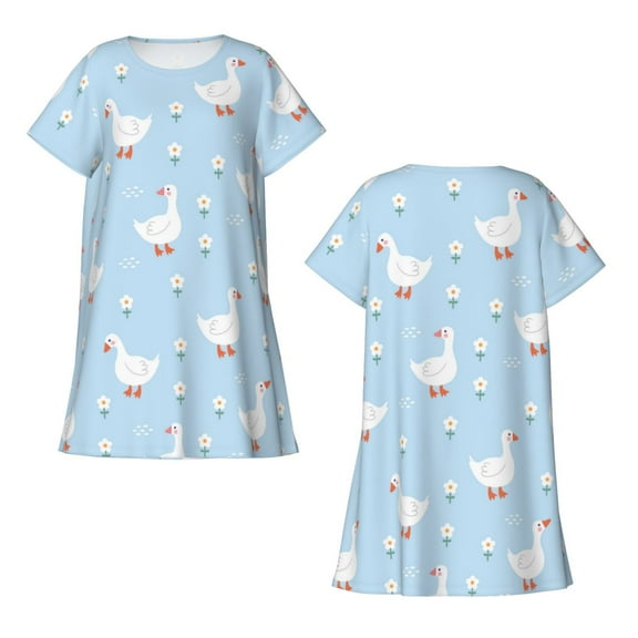 Horeoi Goose White Flowers Print Women's Short-sleeved Nightdress Breathable Cotton-like Material Loose A-line Knee-length