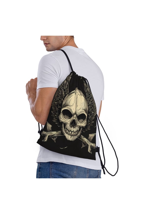 Gothic Winged Skull Print Drawstring Bags for Gym Sports Yoga Travel Lightweight Foldable Sackpack for Men Women Teens