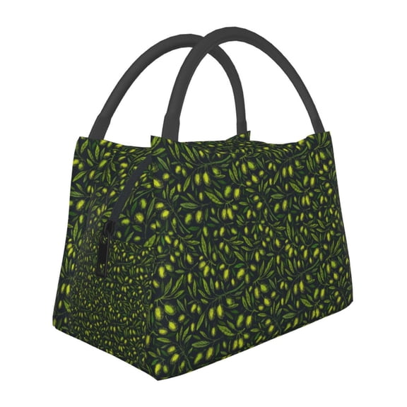 Horeoi Green Branch Olive Pattern Portable Insulation Bag for Work Picnic Travel with Zipper and Handle Foldable Thermal Lunch Tote