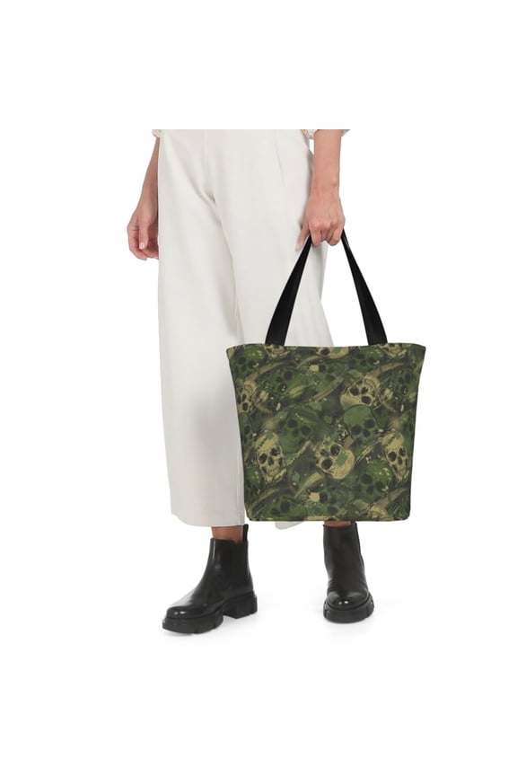 Green Camouflage Skull Print Shoulder Bag for Women Large Capacity Zipper Tote for Shopping Beach Travel Gym with Inner Pocket