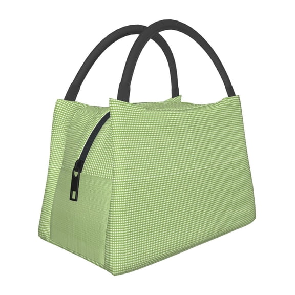 Horeoi Green Gingham Pattern Portable Insulation Bag for Work Picnic Travel with Zipper and Handle Foldable Thermal Lunch Tote