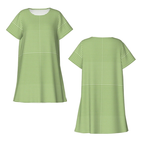 Horeoi Green Gingham Print Women's Short-sleeved Nightdress Breathable Cotton-like Material Loose A-line Knee-length