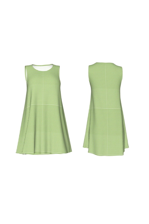 Green Gingham Print Women's Sleeveless Dress Cotton-like Flared Hem Deep Side Pockets Above-Knee