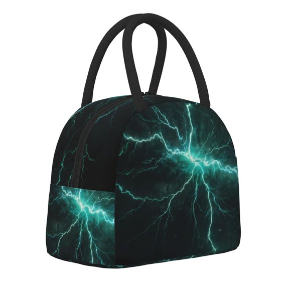 Horeoi Green Lightning Flash Pattern Large Insulated Lunch Bag for Work, School, Picnic - Waterproof, Durable Oxford Cloth, Comfortable Handle-Black