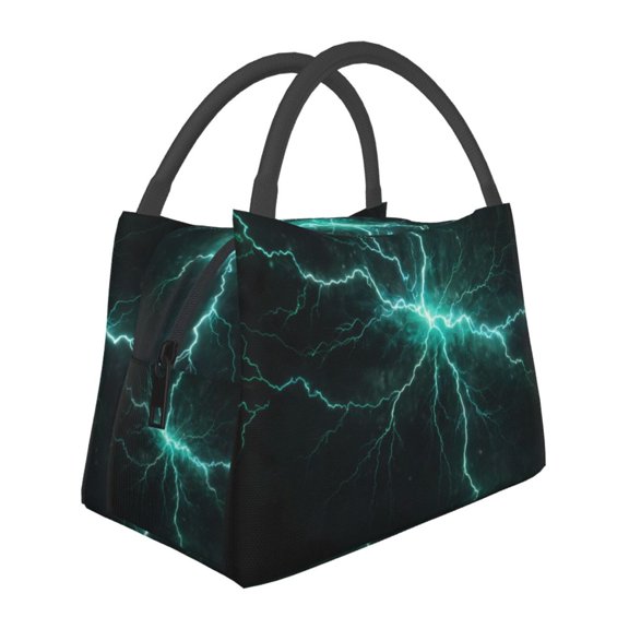 Horeoi Green Lightning Flash Pattern Portable Insulation Bag for Work Picnic Travel with Zipper and Handle Foldable Thermal Lunch Tote