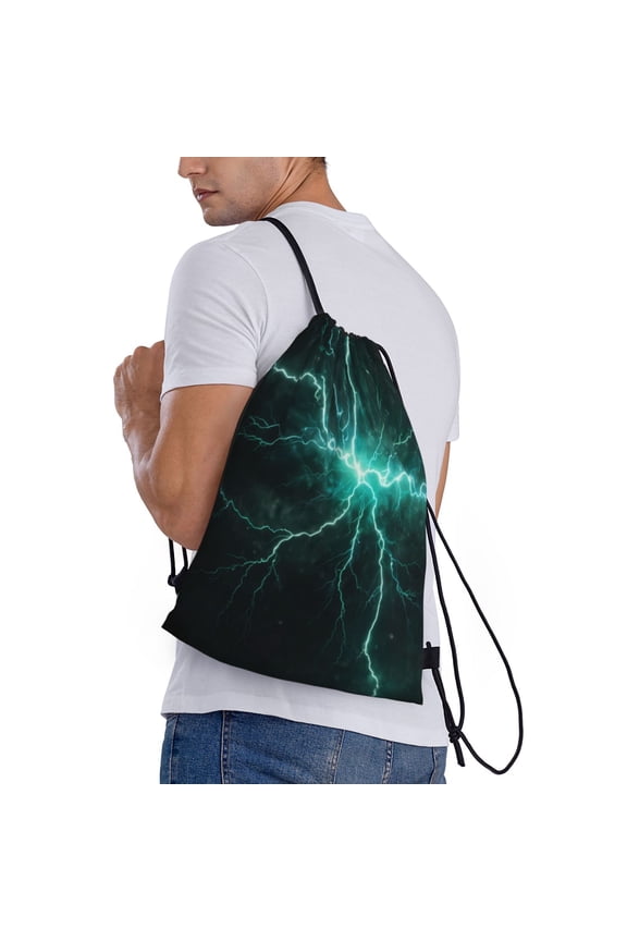 Green Lightning Flash Print Drawstring Bags for Gym Sports Yoga Travel Lightweight Foldable Sackpack for Men Women Teens