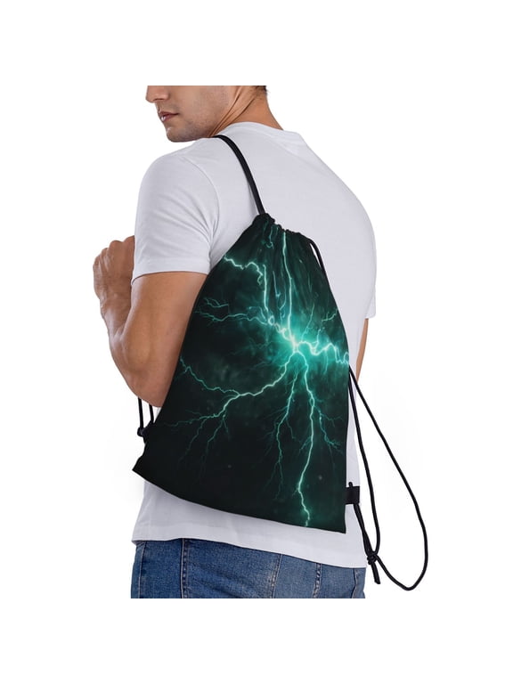 Green Lightning Flash Print Drawstring Bags for Gym Sports Yoga Travel Lightweight Foldable Sackpack for Men Women Teens