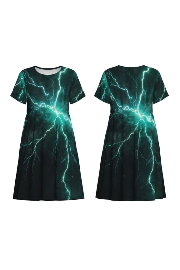 Green Lightning Flash Print Women's Short Sleeve Dress Breathable Polyester-Spandex All-Over Print A-Line Side Pockets Elastic Waist