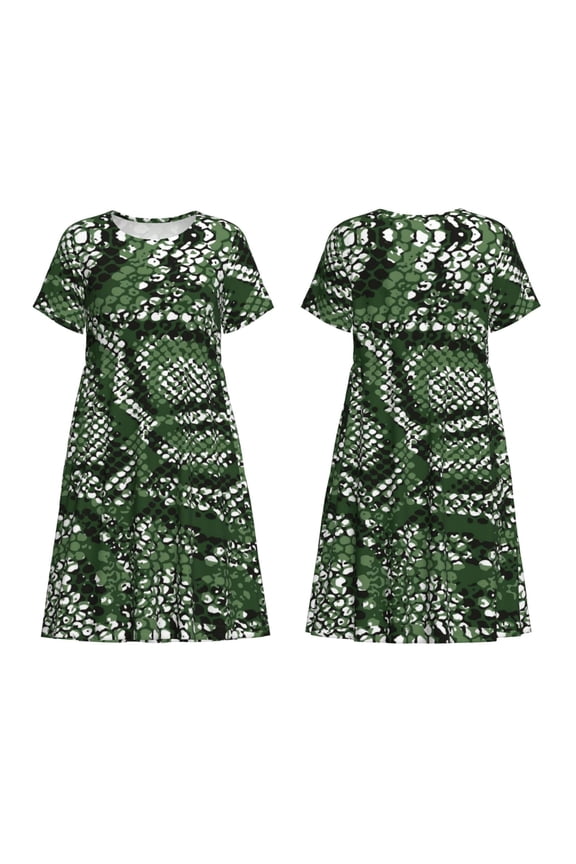 Green Snakeskin Print Women's Short Sleeve Dress Breathable Polyester-Spandex All-Over Print A-Line Side Pockets Elastic Waist