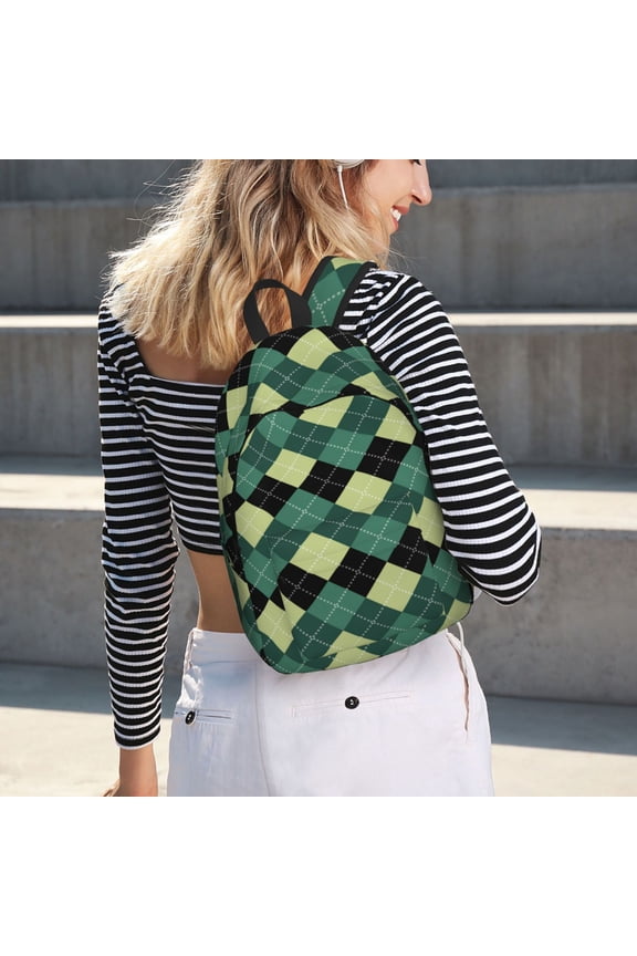 Green Squares for Canvas Backpack for School Outdoor Travel Use Men Women Teenagers Large Capacity with Adjustable Shoulder Straps