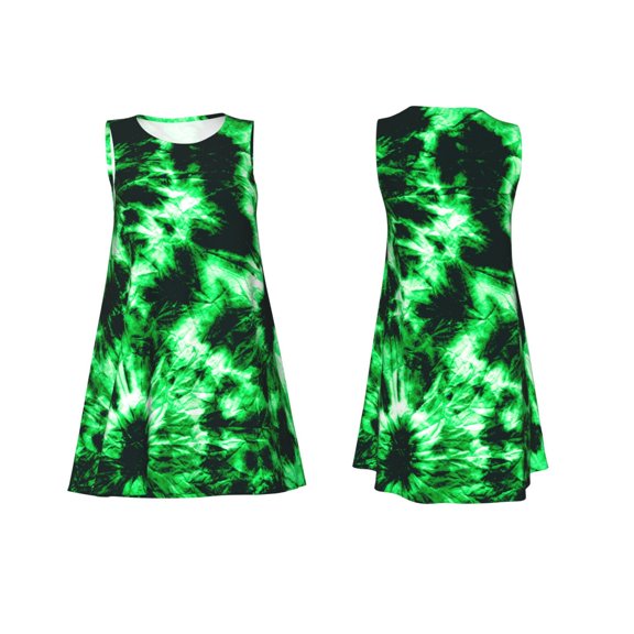 Horeoi Green Tie Dye Print Women's Sleeveless Dress Cotton-like Flared Hem Deep Side Pockets Above-Knee