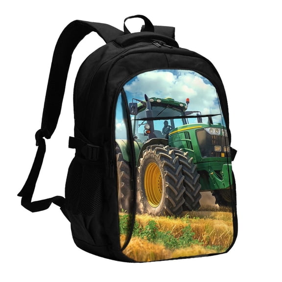 Horeoi Green Tractor Field Print USB Backpack for Travel School Work with Laptop Compartment Charging Port and Anti-Theft Pocket