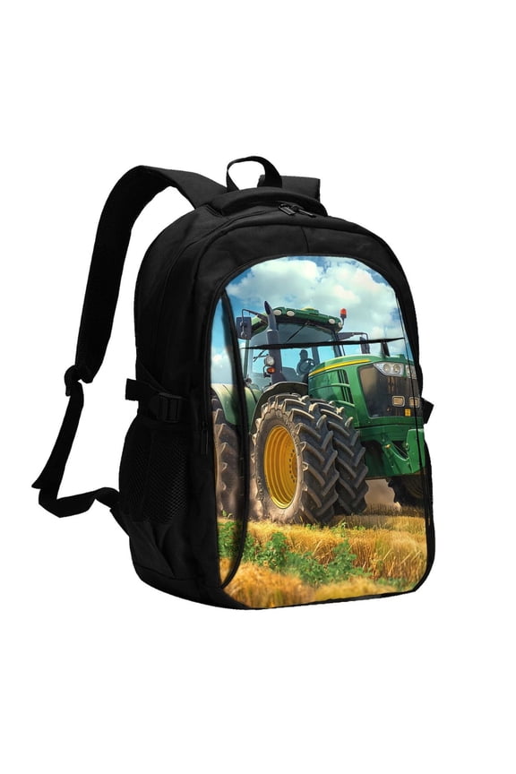 Green Tractor Field Print USB Backpack for Travel School Work with Laptop Compartment Charging Port and Anti-Theft Pocket