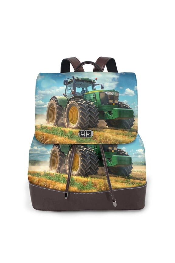 Green Tractor Field for Womens Leather Backpack for School Travel Work or Casual Use with Zipper Pockets and Spacious Interior