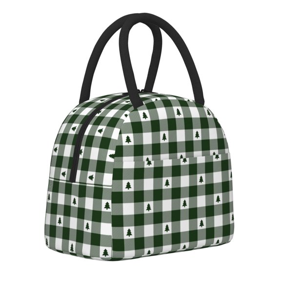 Horeoi Green White Christmas Tree Lumberjack Plaid Pattern Large Insulated Lunch Bag for Work, School, Picnic - Waterproof, Durable Oxford Cloth, Comfortable Handle-Black
