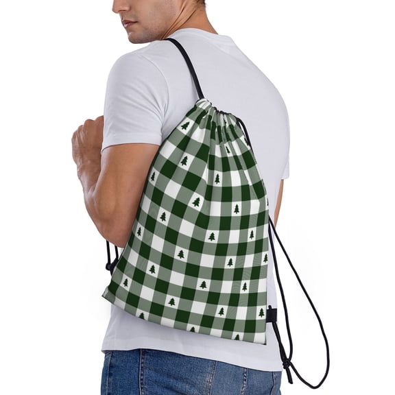 Horeoi Green White Christmas Tree Lumberjack Plaid Print Drawstring Bags for Gym Sports Yoga Travel Lightweight Foldable Sackpack for Men Women Teens
