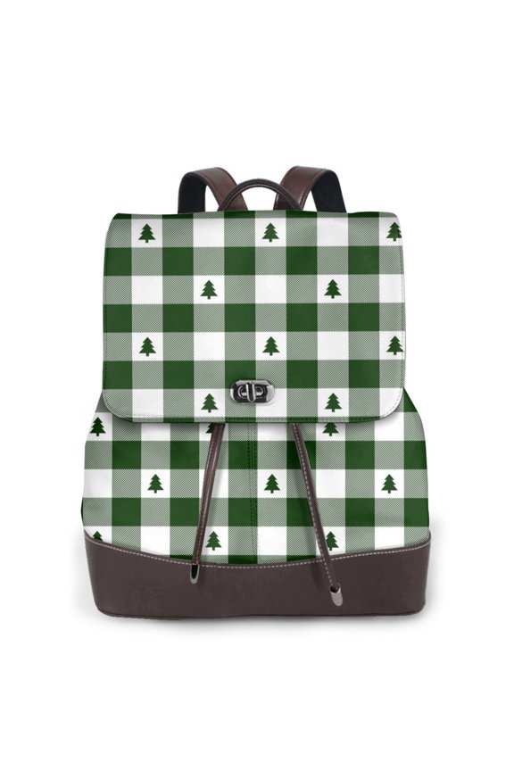 Green White Christmas Tree Lumberjack Plaid for Womens Leather Backpack for School Travel Work or Casual Use with Zipper Pockets and Spacious Interior