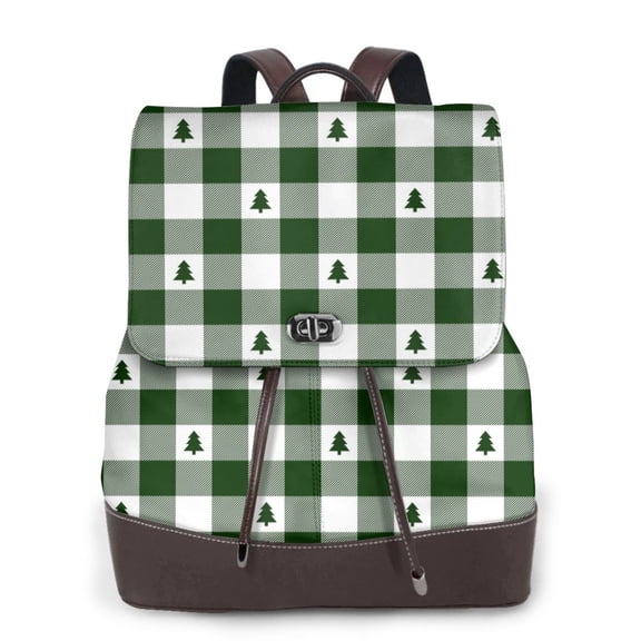 Horeoi Green White Christmas Tree Lumberjack Plaid for Womens Leather Backpack for School Travel Work or Casual Use with Zipper Pockets and Spacious Interior