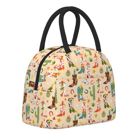 Horeoi Groovy American Western Footwear Pattern Large Insulated Lunch Bag for Work, School, Picnic - Waterproof, Durable Oxford Cloth, Comfortable Handle-Black