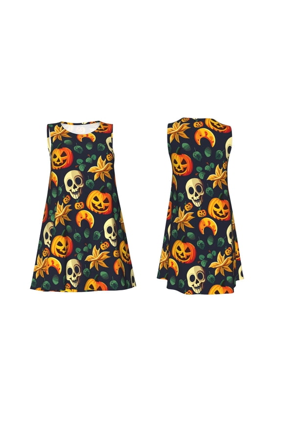 Halloween Skull Print Women's Sleeveless Dress Cotton-like Flared Hem Deep Side Pockets Above-Knee