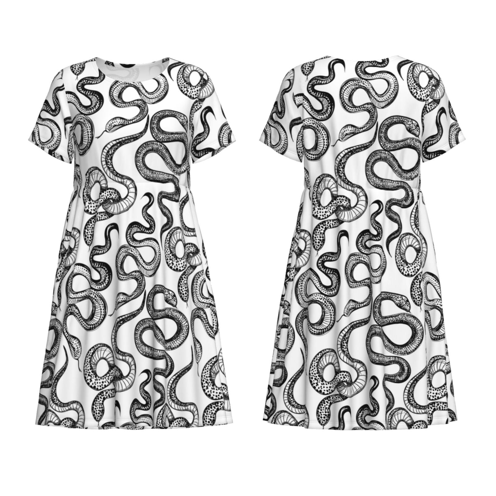short sleeve snake print dress Naloa Hand Drawn Snake Print Womens Summer A-Line Dress with Pockets,Short Sleeve Dresses,Flowy Beach Swing Dress for Vacation Travel