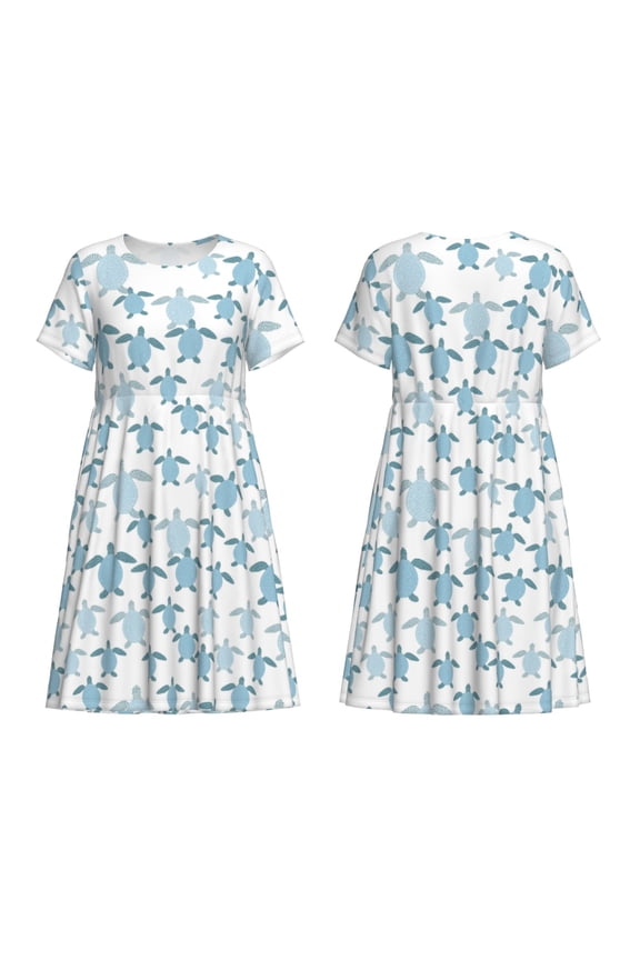 Hand Drawn Turtle Print Women's Short Sleeve Dress Breathable Polyester-Spandex All-Over Print A-Line Side Pockets Elastic Waist