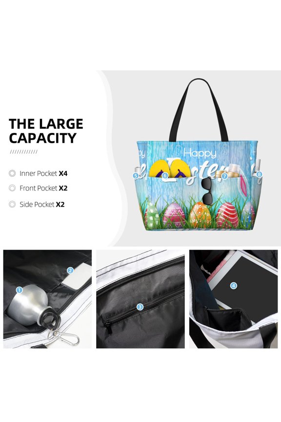 Happy Easter Print Large Capacity Beach Travel Bag Waterproof Polyester with Multiple Pockets for Beach Camping Gym