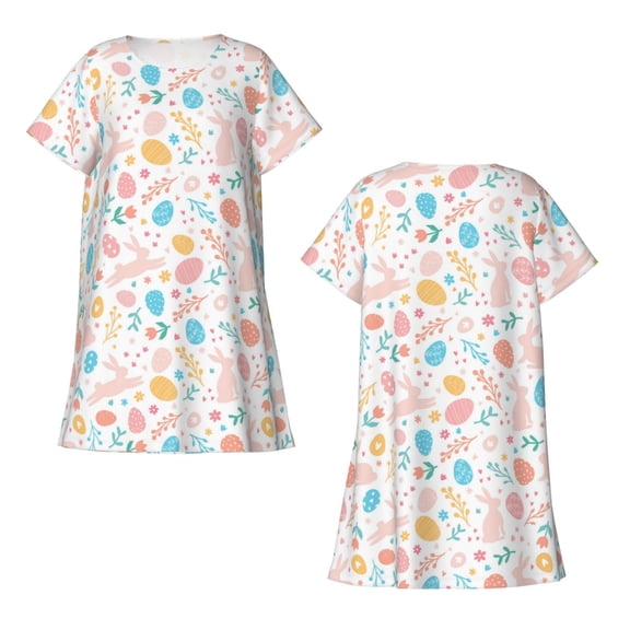 Horeoi Happy Easter Print Women's Short-sleeved Nightdress Breathable Cotton-like Material Loose A-line Knee-length