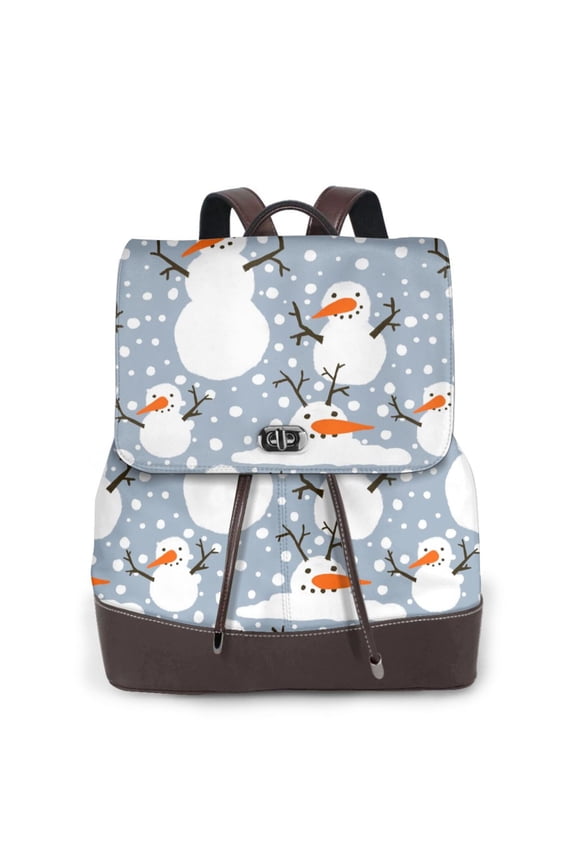Happy Snowmen Snowfall for Womens Leather Backpack for School Travel Work or Casual Use with Zipper Pockets and Spacious Interior