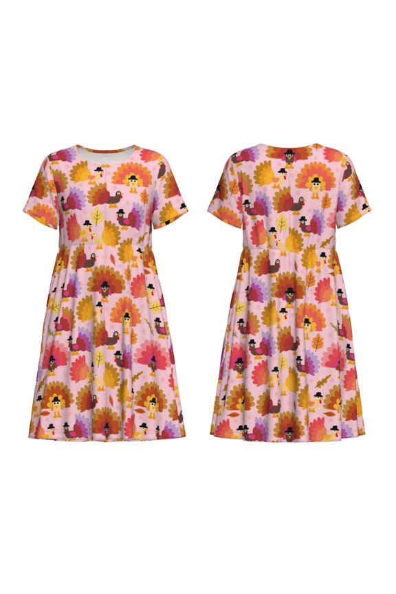 Happy Thanksgiving Turkey Print Women's Short Sleeve Dress Breathable Polyester-Spandex All-Over Print A-Line Side Pockets Elastic Waist