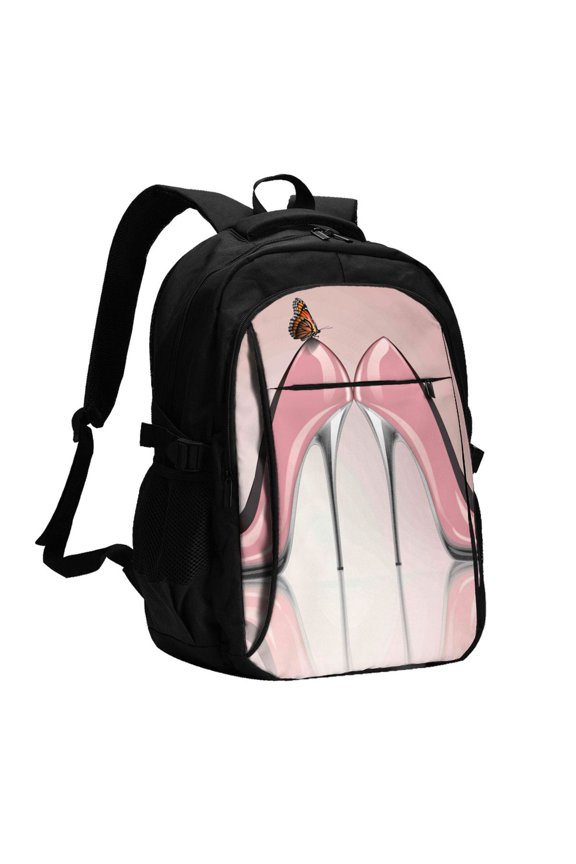 High Heel Shoes Butterfly Print USB Backpack for Travel School Work with Laptop Compartment Charging Port and Anti-Theft Pocket