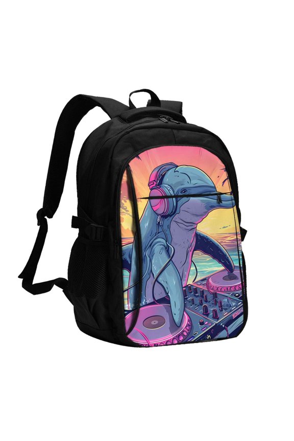 Hip-Hop DJ Dolphin Print USB Backpack for Travel School Work with Laptop Compartment Charging Port and Anti-Theft Pocket