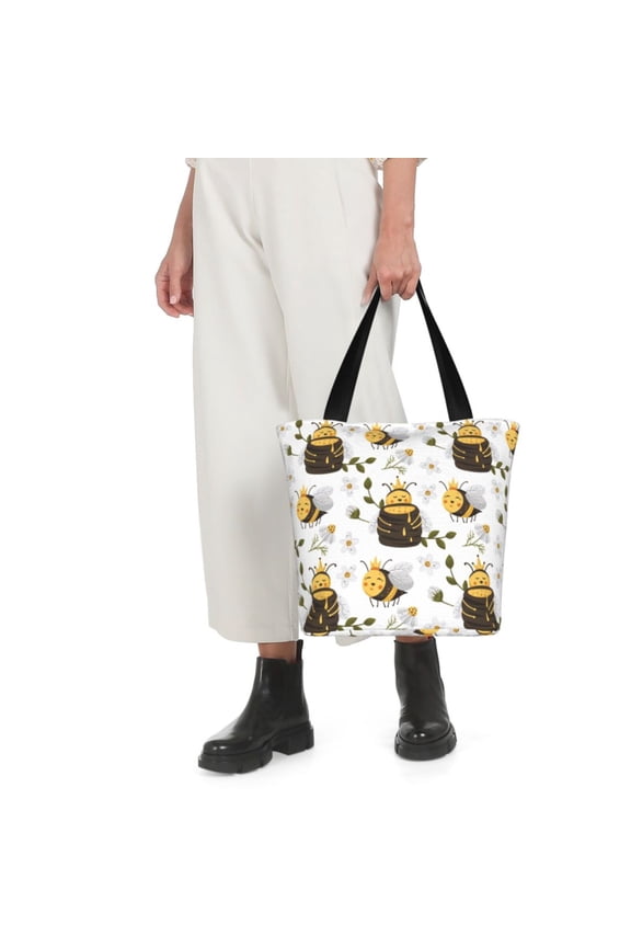 Honey Bee Insect Print Shoulder Bag for Women Large Capacity Zipper Tote for Shopping Beach Travel Gym with Inner Pocket