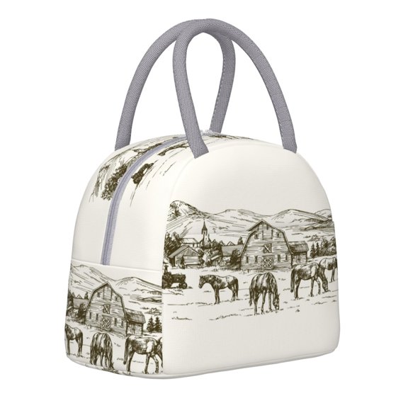 Horeoi Horses Grazing On Meadow Pattern Large Insulated Lunch Bag for Work, School, Picnic - Waterproof, Durable Oxford Cloth, Comfortable Handle-Light Grey