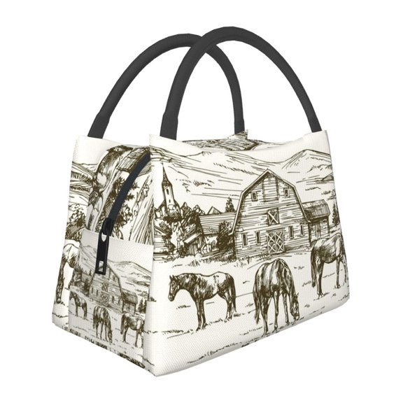 Horeoi Horses Grazing On Meadow Pattern Portable Insulation Bag for Work Picnic Travel with Zipper and Handle Foldable Thermal Lunch Tote