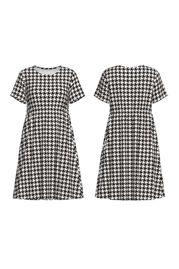 Houndstooth Black And White Print Women's Short Sleeve Dress Breathable Polyester-Spandex All-Over Print A-Line Side Pockets Elastic Waist