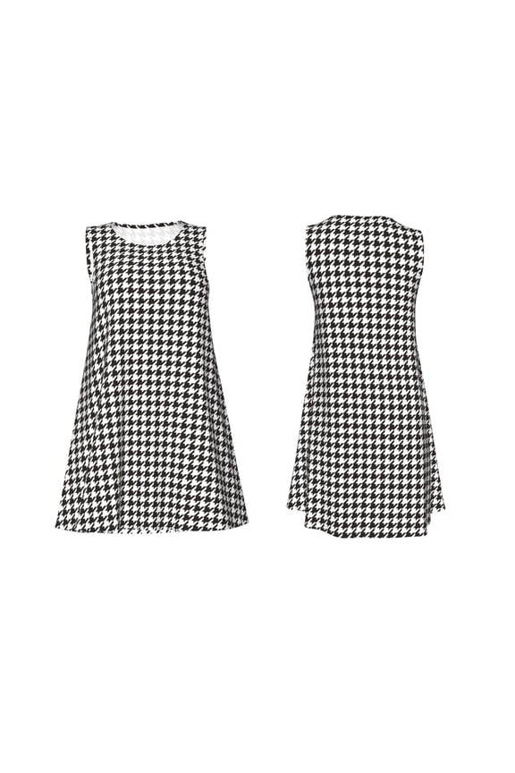 Houndstooth Black And White Print Women's Sleeveless Dress Cotton-like Flared Hem Deep Side Pockets Above-Knee