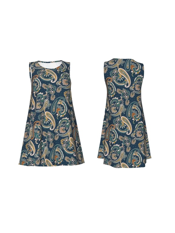 Indian Paisley 2 Print Women's Sleeveless Dress Cotton-like Flared Hem Deep Side Pockets Above-Knee