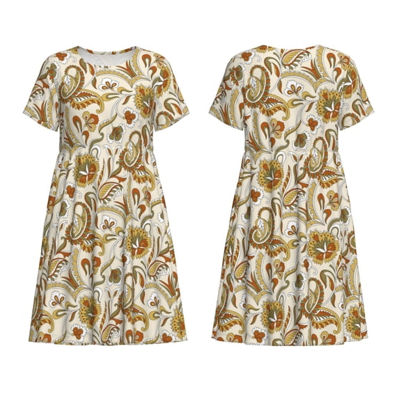Horeoi Indian Paisley Print Women's Short Sleeve Dress Breathable Polyester-Spandex All-Over Print A-Line Side Pockets Elastic Waist