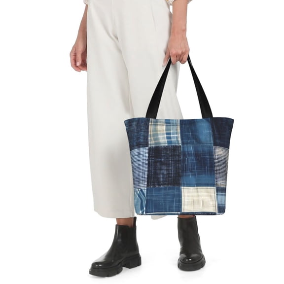 Horeoi Indigo Patchwork Quilt Print Shoulder Bag for Women Large Capacity Zipper Tote for Shopping Beach Travel Gym with Inner Pocket