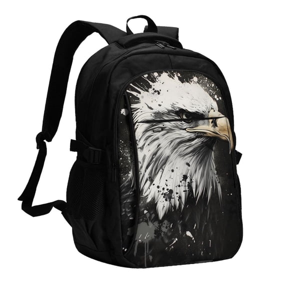 Horeoi Ink Style Bald Eagle Print USB Backpack for Travel School Work with Laptop Compartment Charging Port and Anti-Theft Pocket