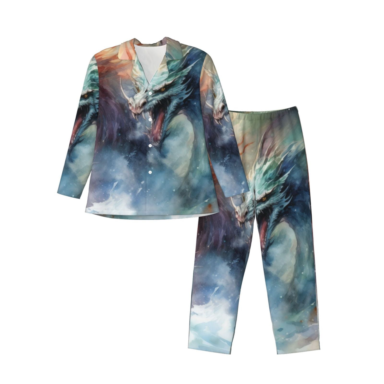 Horeoi Ink Style Wave Dragon Print Pajamas Set Mens Pajamas Long Sleeve ...