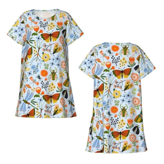 Horeoi Insects and Flowers Print Women's Short-sleeved Nightdress Breathable Cotton-like Material Loose A-line Knee-length