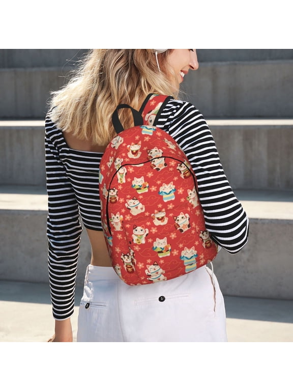 Japanese Maneki Cats for Canvas Backpack for School Outdoor Travel Use Men Women Teenagers Large Capacity with Adjustable Shoulder Straps