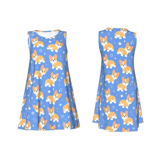 Horeoi Kawaii Corgi Print Women's Sleeveless Dress Cotton-like Flared Hem Deep Side Pockets Above-Knee