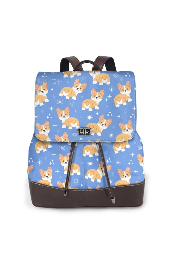 Kawaii Corgi for Womens Leather Backpack for School Travel Work or Casual Use with Zipper Pockets and Spacious Interior