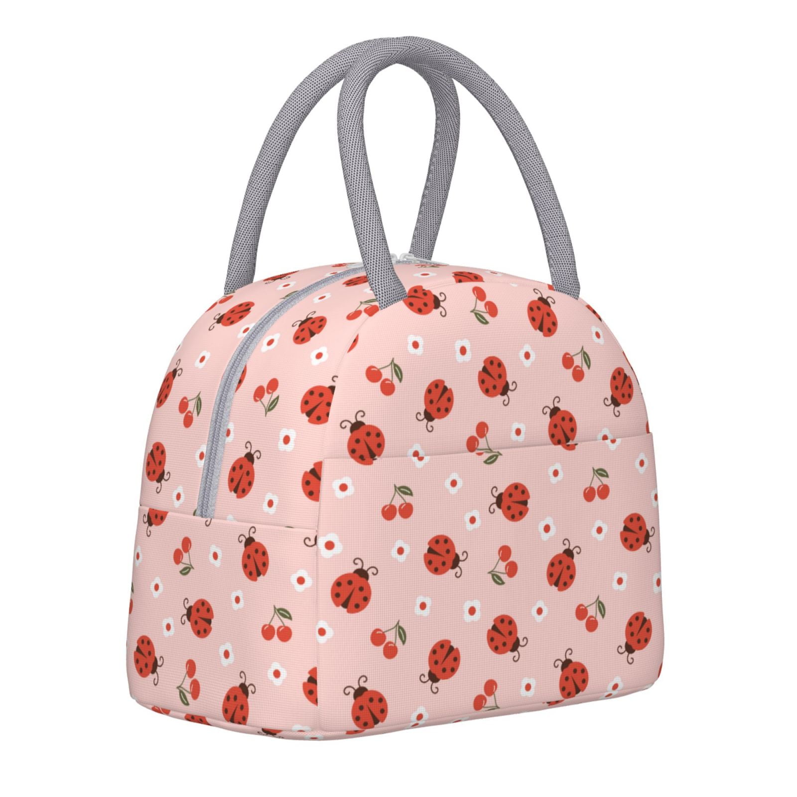 Horeoi Ladybug With Flower Pattern Large Insulated Lunch Bag for Work, School, Picnic - Waterproof, Durable Oxford Cloth, Comfortable Handle-Light Grey