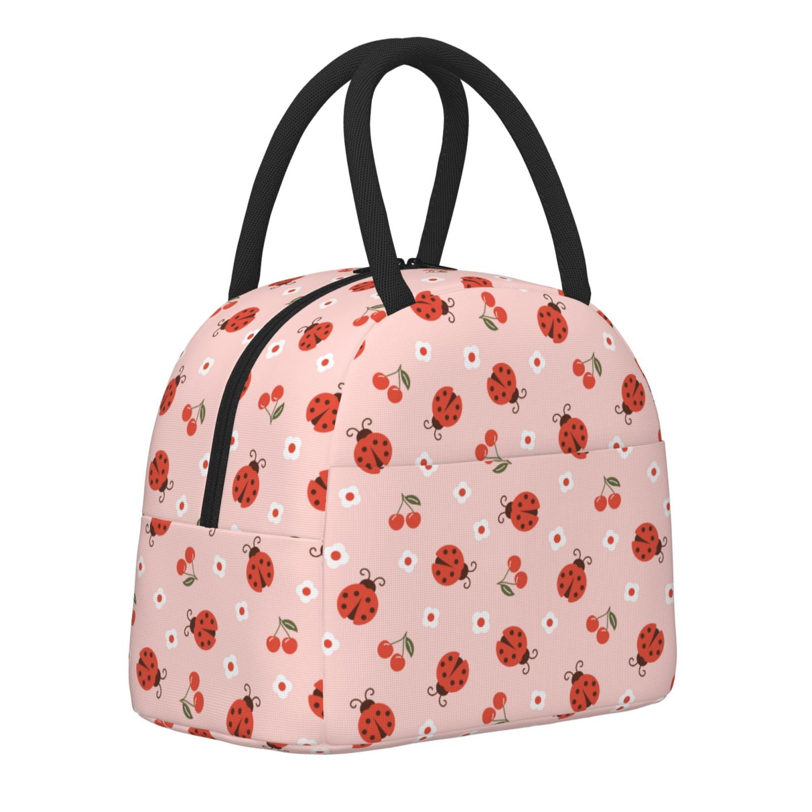 Horeoi Ladybug With Flower Pattern Large Insulated Lunch Bag for Work, School, Picnic - Waterproof, Durable Oxford Cloth, Comfortable Handle-Black