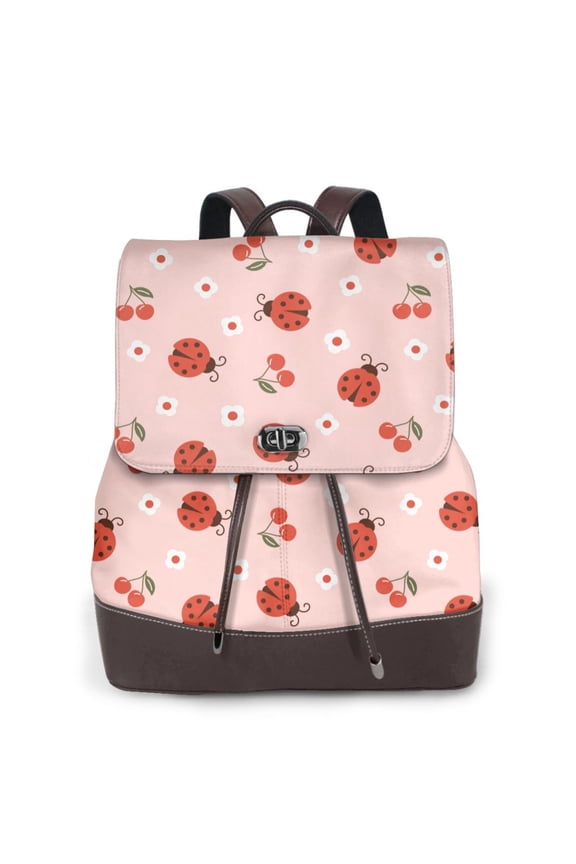 Ladybug With Flower for Womens Leather Backpack for School Travel Work or Casual Use with Zipper Pockets and Spacious Interior