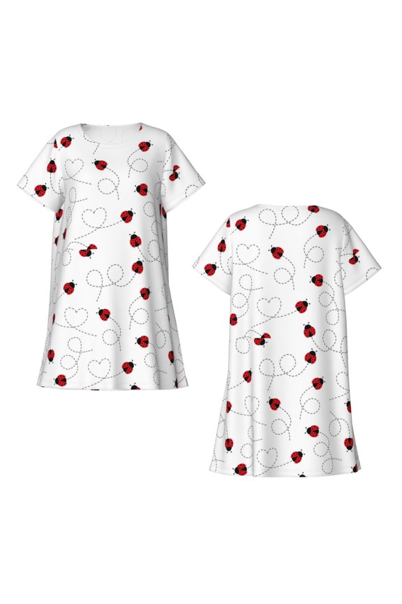 Ladybugs Flying On Dotted Route Print Women's Short-sleeved Nightdress Breathable Cotton-like Material Loose A-line Knee-length